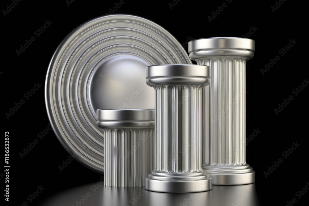 Poster Three metallic columns of varying heights stand on a circular base, symbolizing strength and classic architecture.