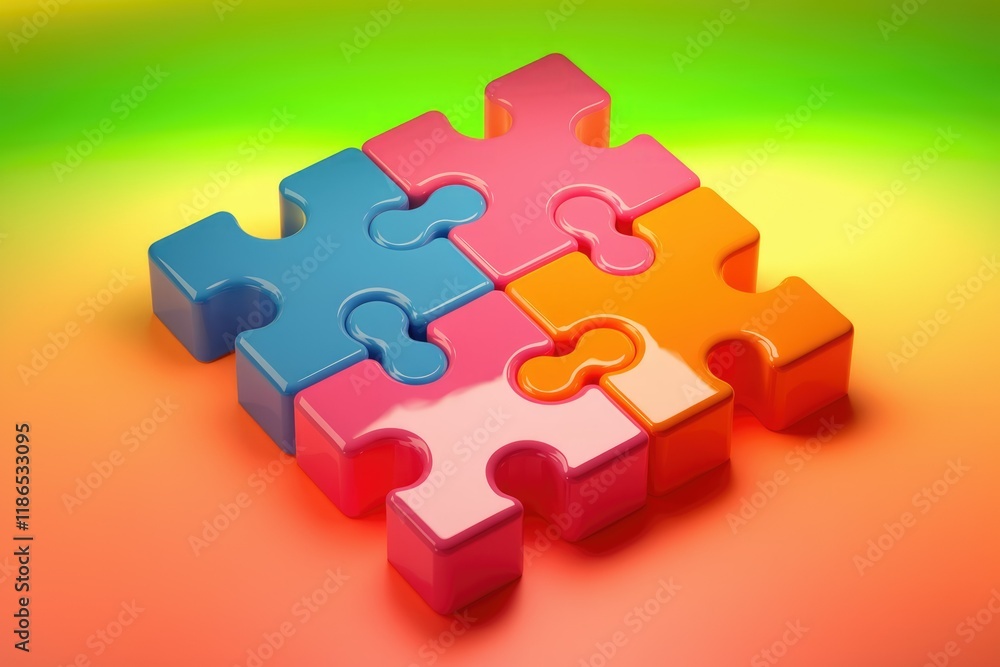 Poster Four colorful puzzle pieces interlock, symbolizing unity, teamwork, and problem-solving.