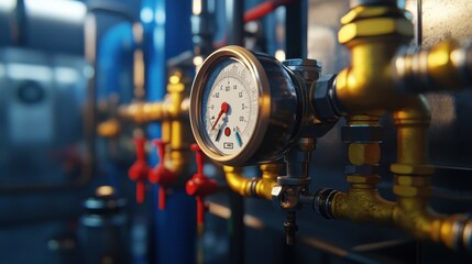 Closeup of manometer, pipes and faucet valves of heating system in a boiler room