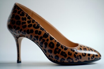 A close-up shot of a leopard-print high heel shoe, great for fashion or beauty product photos