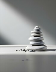 zen, stones, stacked, soft, diffused, lighting, neutral, flat, surface, shadows, subtle, blending, gray, background, balance, harmony, calm, minimalist, serene, tranquil, meditative, peaceful, nature,