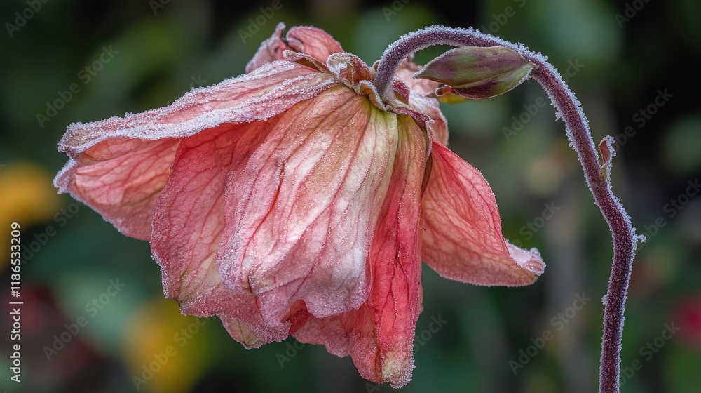 Poster frost-covered wilted flower displaying delicate textures and muted colors in a natural setting showc