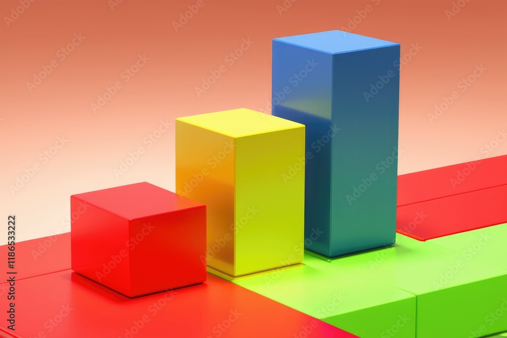 Poster colorful 3d bar graph showing ascending growth, representing progress or success.