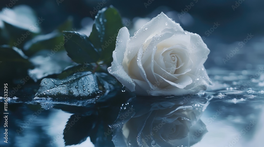 Poster white rose adorned with dewdrops resting on a reflective surface creating a serene and elegant atmos