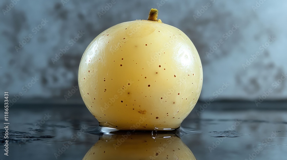 Poster close up of a single golden grape on a reflective surface showcasing its texture and color with a bl