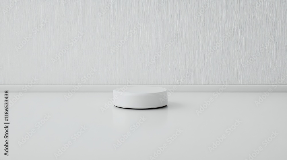 Poster minimalist white hockey puck centered on a pristine white surface with soft shadows creating a seren