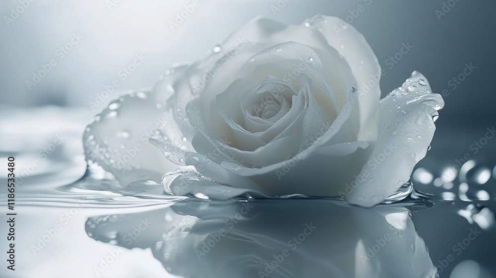 Poster elegant single white rose with dewdrops on reflective surface creating a serene and tranquil ambianc