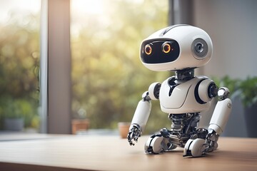 Cute small robot sit on table, empty background.