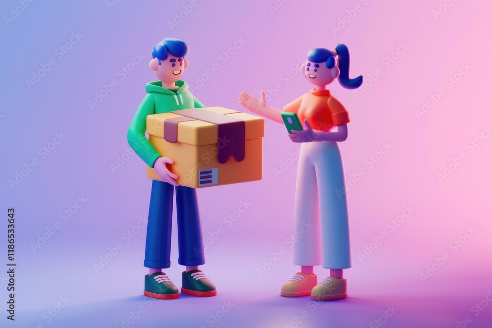 Aufkleber delivery person handing over a package to a customer using a smartphone.
