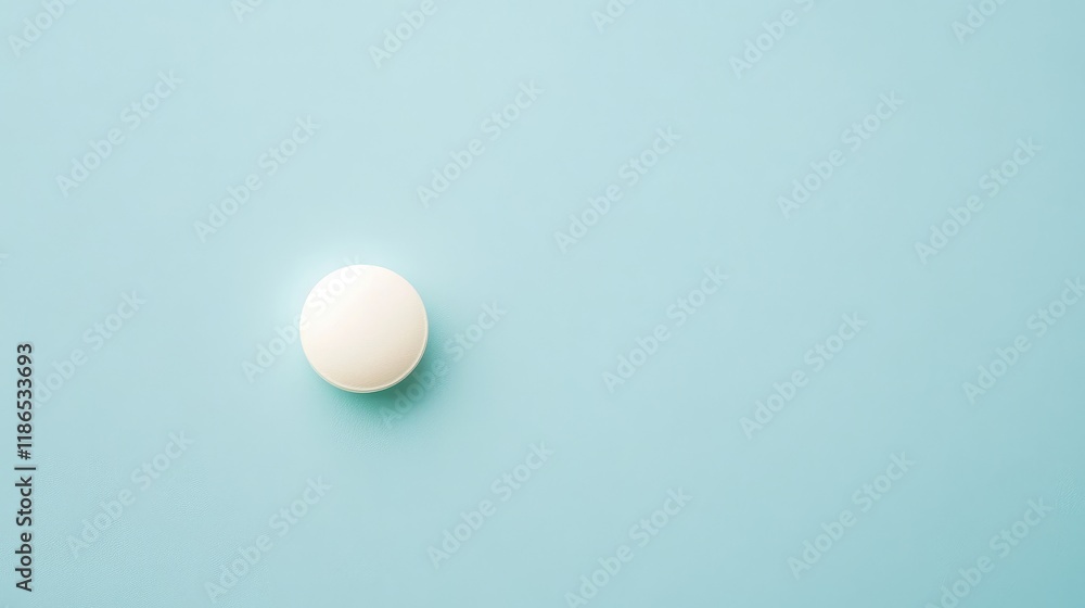 Poster single white pill placed on soft light blue background showcasing its smooth surface and subtle shad