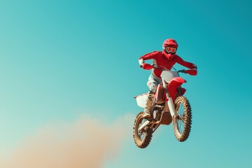 Rider on Red Dirt Bike Performing Aerial Stunt Against Blue Sky
