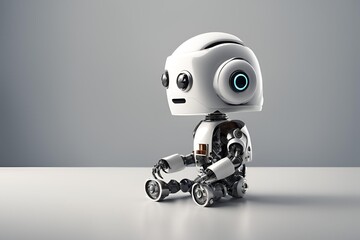 Cute small robot sit on table, empty background.