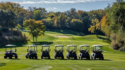 Golf carts lined up on a scenic golf course surrounded by colorful autumn trees