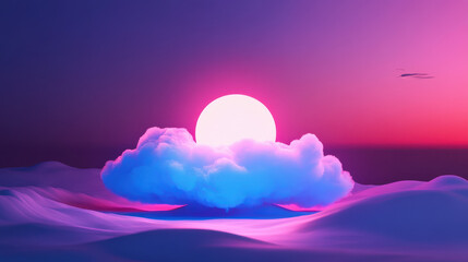 Neon Sunset:  A surreal, dreamlike landscape bathed in vibrant hues,  where a luminous sun sets behind a fluffy cloud, casting a hypnotic glow on the desert sands. 