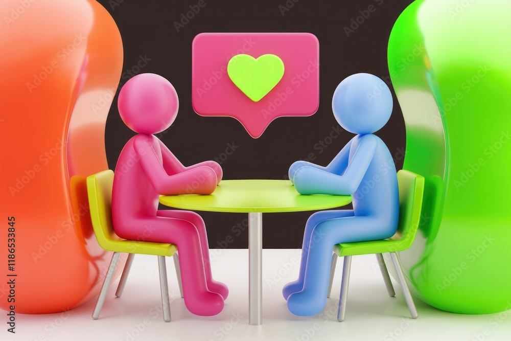 Poster Two 3D figures sit at a table with a heart-shaped like notification above them, symbolizing online dating or social media connection.