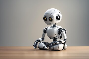 Cute small robot sit on table, empty background.