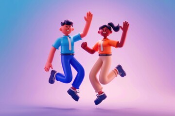 Obraz premium Two 3D animated characters joyfully leap in the air, celebrating success.