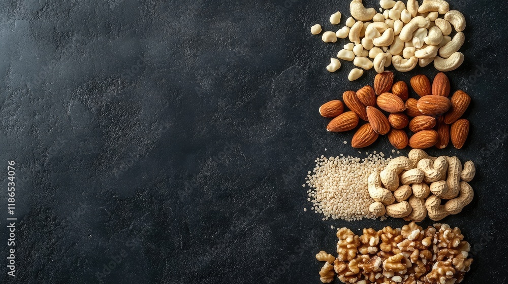 Poster assorted nuts and seeds arranged on a dark background showcasing their nutritional value and health 