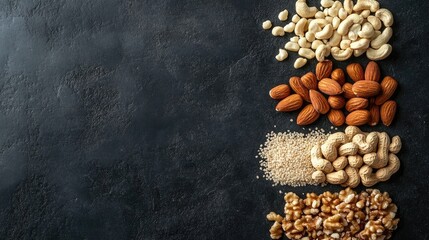 Assorted nuts and seeds arranged on a dark background showcasing their nutritional value and health benefits for dietary choices