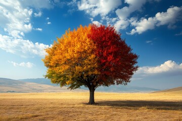 Lonely tree showing autumn colors in a dry field under blue sky
