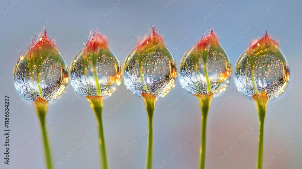Poster glittering dew drops on grass creating a mesmerizing reflection of the surrounding field in a tranqu