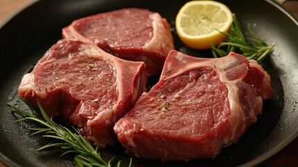 Succulent sirloin chops with fresh herbs and lemon in a frying pan ready for cooking or grilling delicious meals