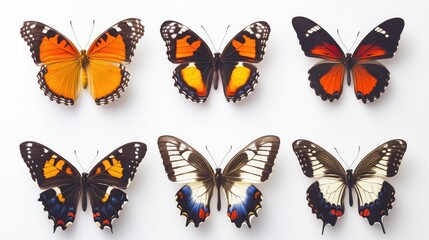 Obraz premium Colorful display of six butterfly specimens arranged on a white background showcasing diverse patterns and colors in nature's beauty