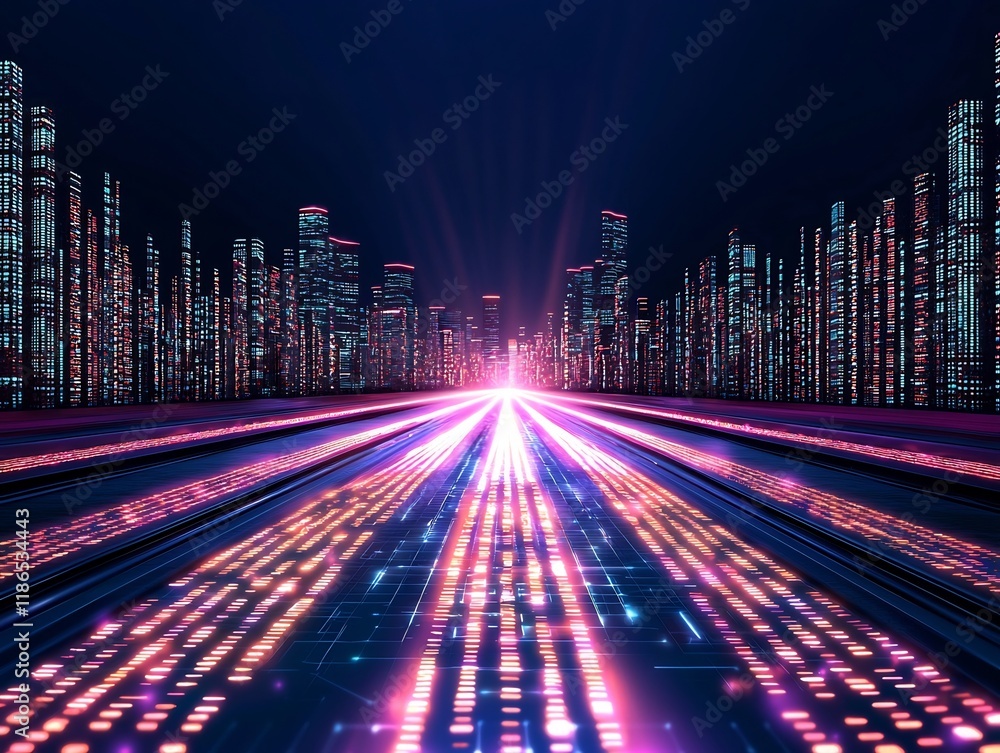Poster luminous cityscape enveloped in a dazzling energy field with bold colors and abstract data patterns 