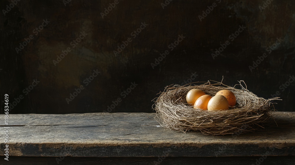 Poster sisal nest with vibrant painted eggs on rustic wooden table creating space for text and artistic spr