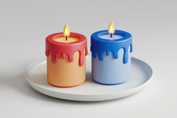 Two melting candles, one orange and one blue, sit on a white plate.