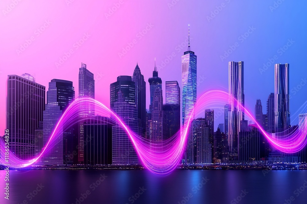 Aufkleber bustling city skyline enveloped in a captivating vibrant digital wave of light and shimmering quantu