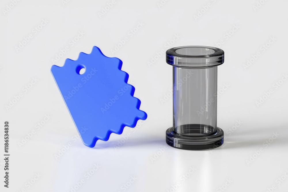 Poster a blue tag with a wavy edge beside a transparent cylindrical container.