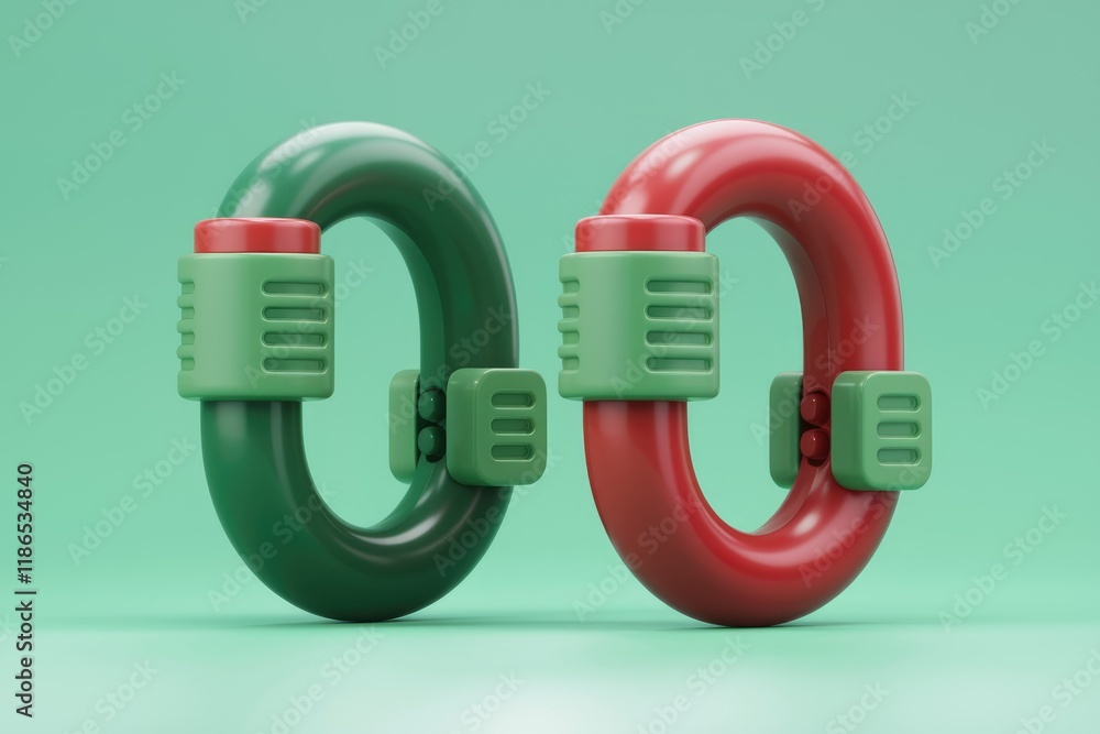 Poster Abstract 3D render of interconnected green and red curved shapes, symbolizing connection or linkage.