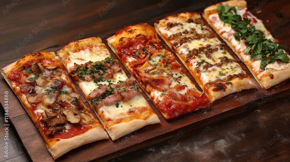 Poster assorted gourmet pizza slices with various toppings displayed on a rustic wooden board for a delight