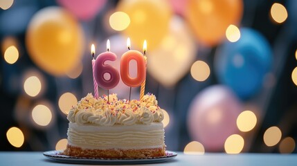 Sixtieth Birthday Celebration Cake with Candles and Colorful Bokeh Background