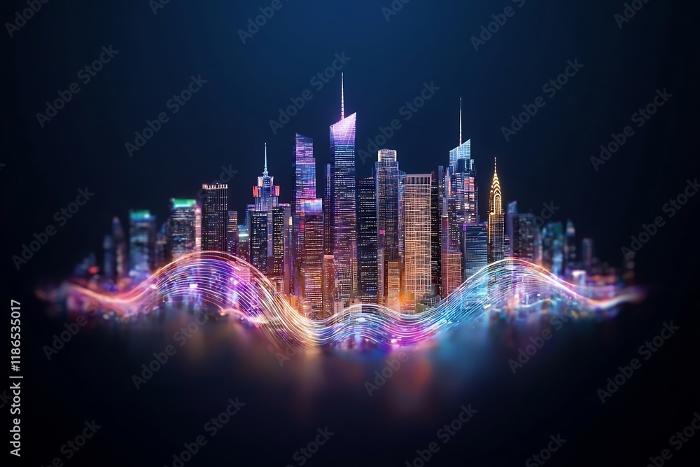 Aufkleber captivating futuristic cityscape enveloped in vibrant digital light waves and shimmering quantum flu
