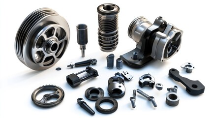 Obraz premium A selection of mechanical components on a clean white surface, suitable for use in tutorials or demonstrations