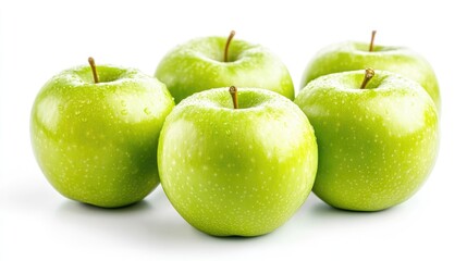 Fresh green apples arranged on a white background showcasing their vibrant color and natural shine perfect for healthy food concepts