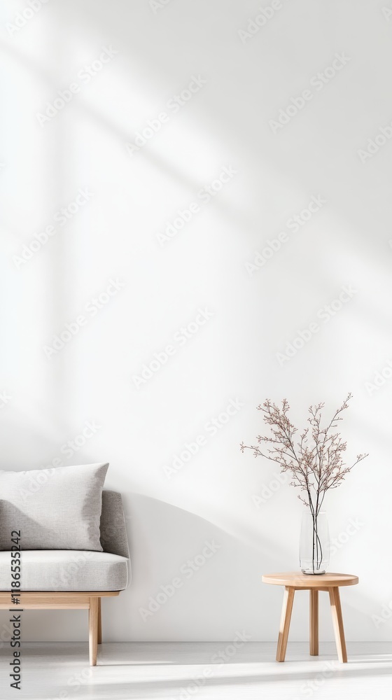 Poster sunlight streams into a minimalist living room, illuminating a comfortable sofa, a small wooden tabl