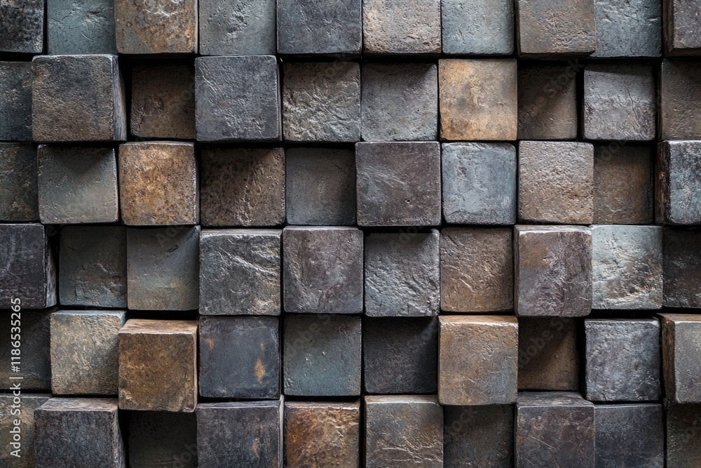 Poster close-up shot of multiple metal blocks with varying textures and shapes, suitable for use in industr