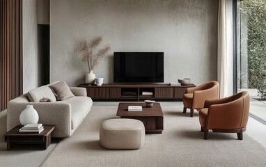 A contemporary living room with minimalist decor, featuring a concrete wall, a brown sofa, and an armchair complemented by a leather footstool. 