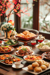 Obraz premium Chinese New Year, serene family dinner setting, traditional dishes on the table, warm lighting, harmonious atmosphere