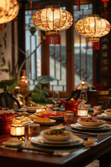 Chinese New Year, serene family dinner setting, traditional dishes on the table, warm lighting, harmonious atmosphere