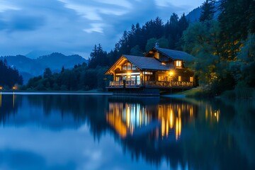 Fototapeta premium A tranquil lakeside cabin glows warmly at dusk, nestled amidst mountains and trees. Its reflection mirrors the serene beauty of the twilight sky.