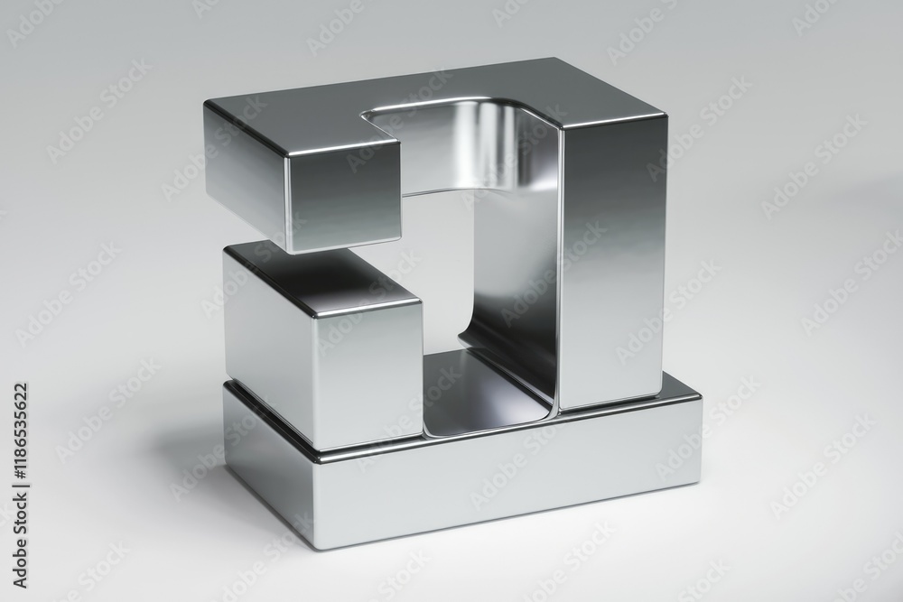 Poster A 3D rendering of a metallic abstract sculpture, composed of stacked cubes with a cutout forming a letter J shape.