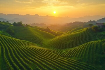 Golden sunrise illuminating prosecco vineyards in conegliano valdobbiadene, italy