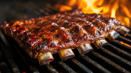 Juicy Pork Spare Ribs Grilling Over Intense Flames with Smoky Aroma