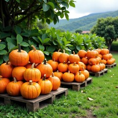 Colorful pumpkins stacked on wooden pallets in lush greenery, harvest, fall, maui