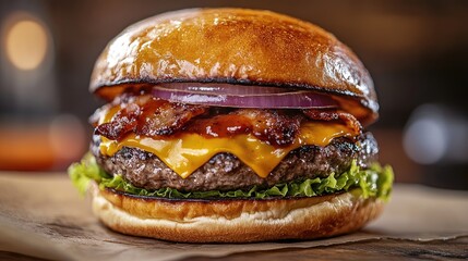Juicy bacon cheeseburger with chipotle sauce and onions served on a soft bun against a blurred kitchen background