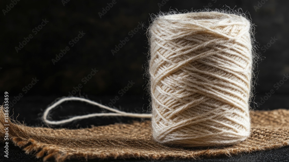 Poster skein of natural wool thread on burlap fabric showcasing texture and warmth against a dark backgroun